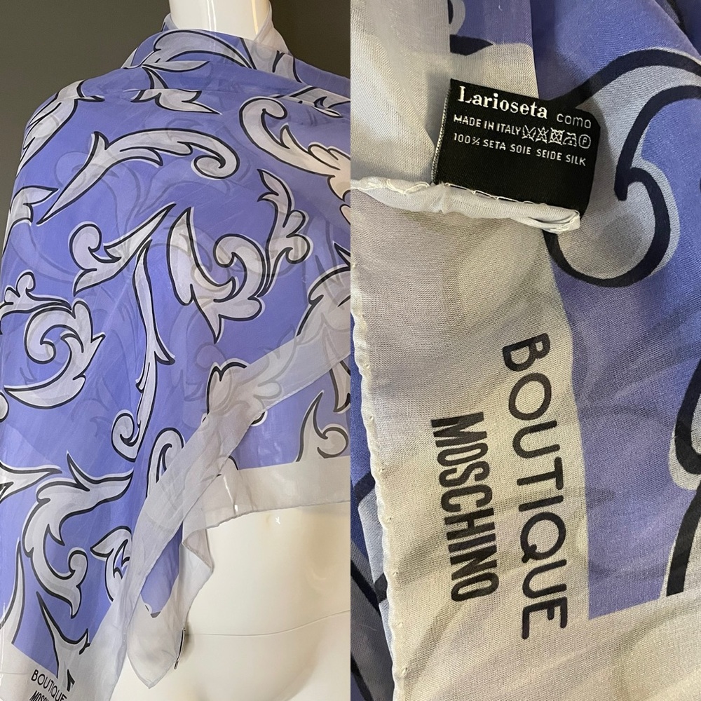 Gorg Moschino Boutique Sheer Silk Scarf Lilac Print Large 15 x 60 In Exc Cond